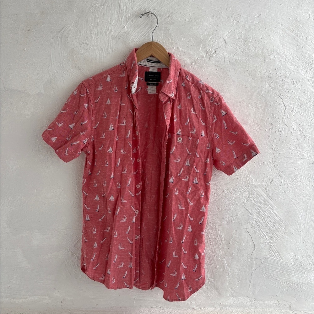 Cactus Man Sailboat Print Short Sleeve Button Up Slim Fit Shirt